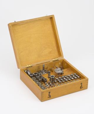 Wooden box of watchmaker’s lathe parts, used by James Lovelock