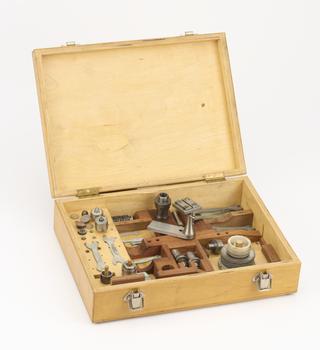Wooden box of watchmaker’s lathe parts, used by James Lovelock