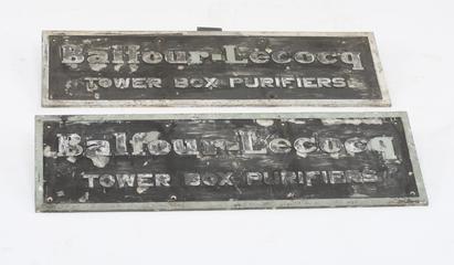 Two cast aluminium manufacturer's nameplates from a Balfour-Lecocq Tower Box Purifier