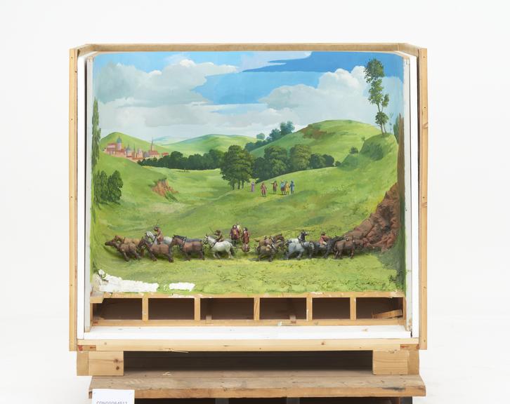 Diorama illustrating Otto von Guericke's field demonstration of the Magdeburg hemispheres