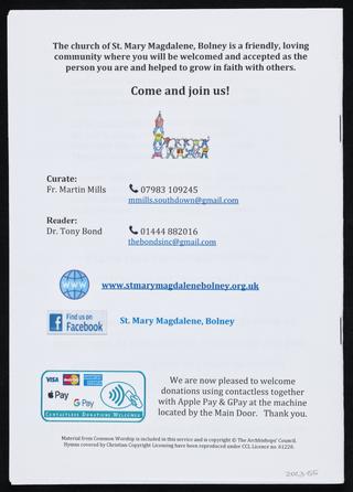 Service sheet produced during the COVID-19 pandemic