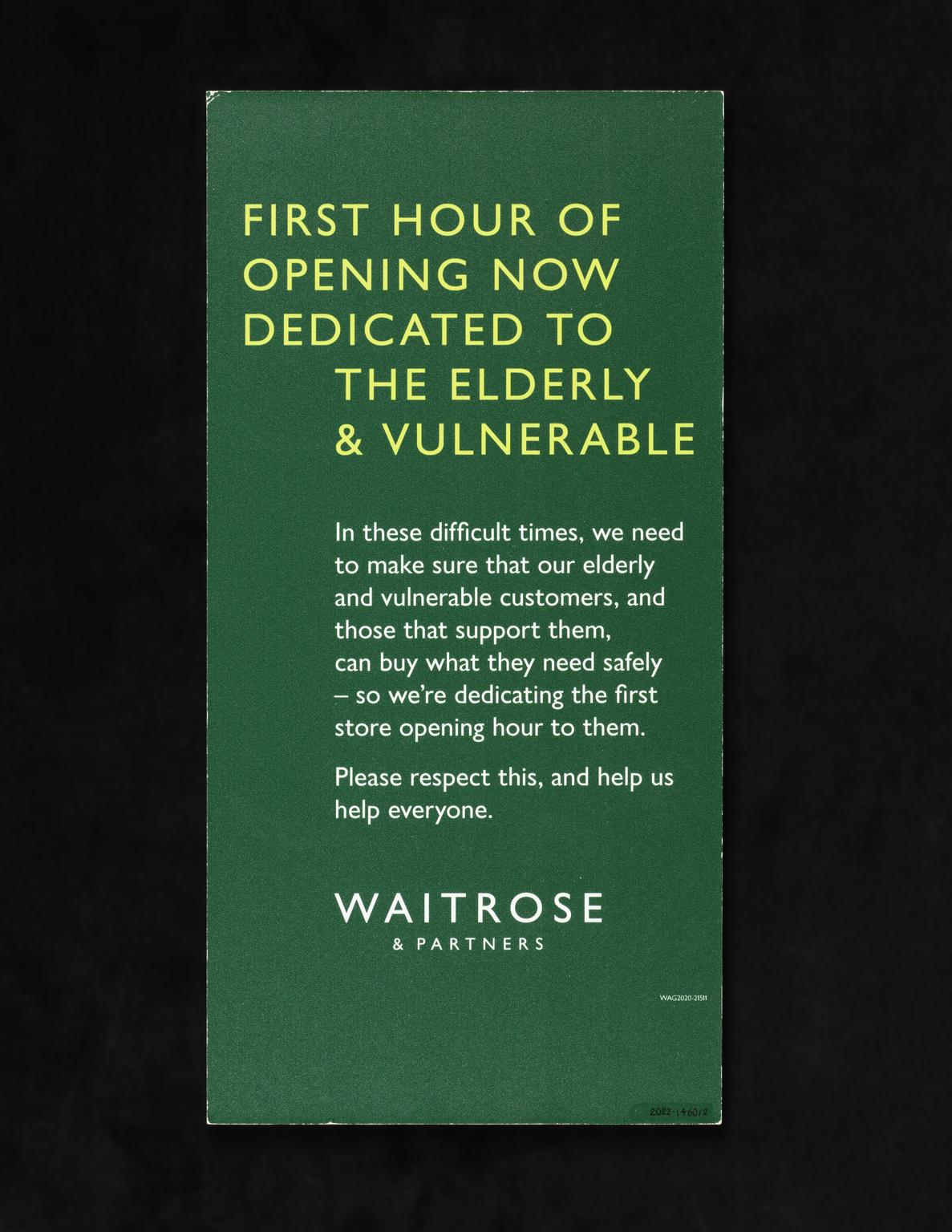 Supermarket sign for priority shopping hours