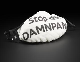 Face covering with the words 'Stop the Damnpanic'