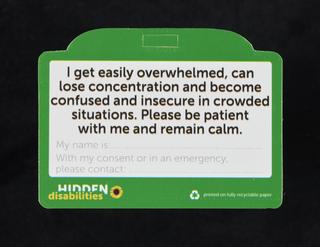 Hidden Disabilities card, with the wording 'I have hydrocephalus'