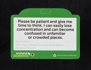 Hidden Disabilities card, with the wording 'I have a brain injury'