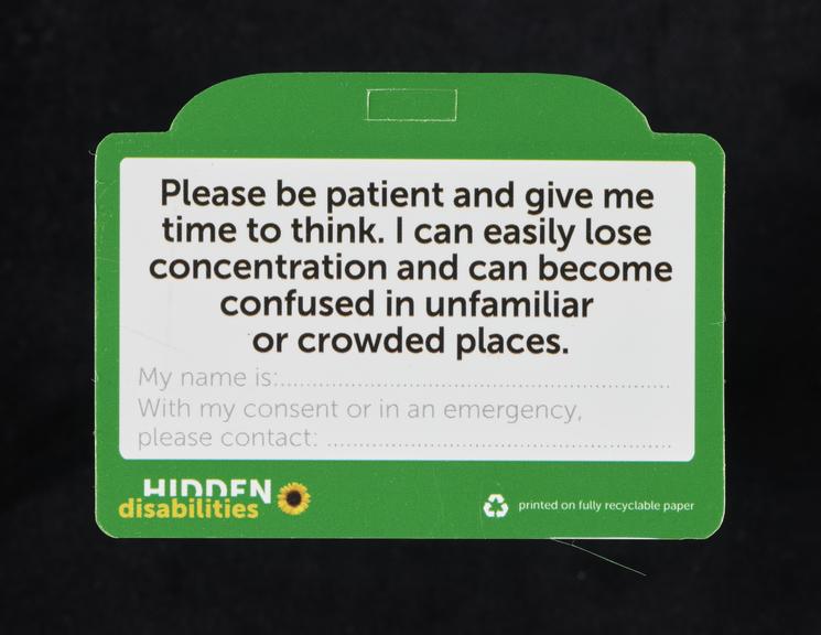 Hidden Disabilities card, with the wording 'I have a brain injury ...