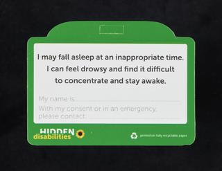Hidden Disabilities card, with the wording 'I have narcolepsy'