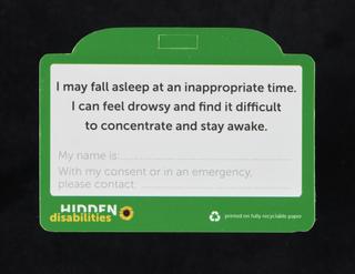 Hidden Disabilities card, with the wording 'I have narcolepsy'