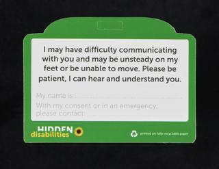 Hidden Disabilities card, with the wording 'I have Parkinson's'