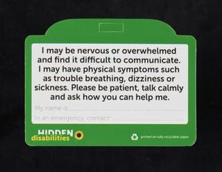 Hidden Disabilities card, with the wording 'I have anxiety'