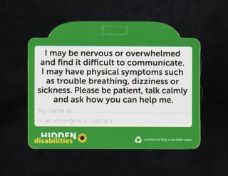 Hidden Disabilities card, with the wording 'I have anxiety'