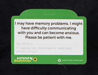 Hidden Disabilities card, with the wording 'I have dementia'
