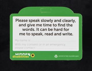 Hidden Disabilities card, with the wording 'I have aphasia'