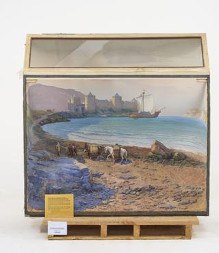 Diorama Mediaeval Wagon; Pack Horses and single masted ship