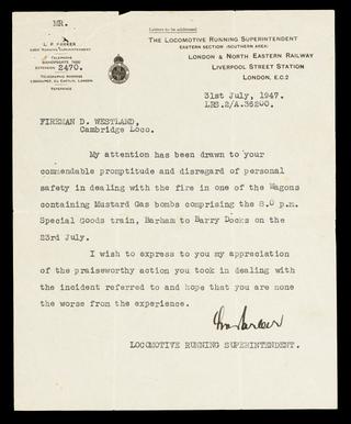 Locomotive Running Superintendent, Liverpool Street Station, to fireman Douglas Westland