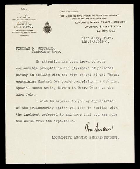 Locomotive Running Superintendent, Liverpool Street Station, to fireman Douglas Westland