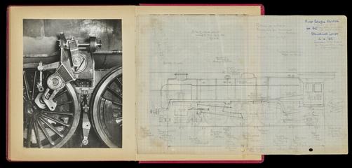 Album containing sketch of the first Standard Class Pacific locomotive drawn by Ernest Stewart Cox (E.S. Cox)