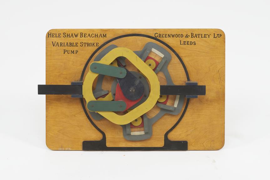Wooden model illustrating method of altering stroke in Hele-Shaw Beacham pump