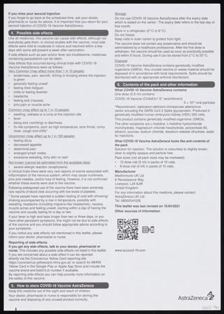 Revised Asta-Zeneca COVID-19 vaccination leaflet