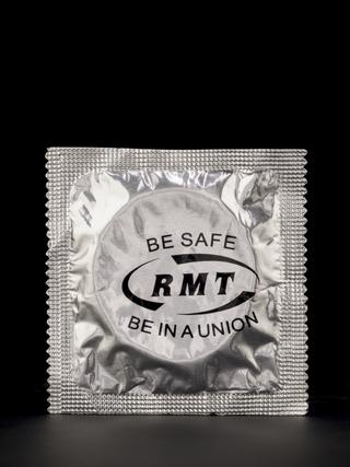 Condom with ‘Be Safe Be in a Union’ and Maritime and Transport Workers (RMT) logo