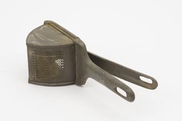 Potato masher comprising triangular box with perforated sides