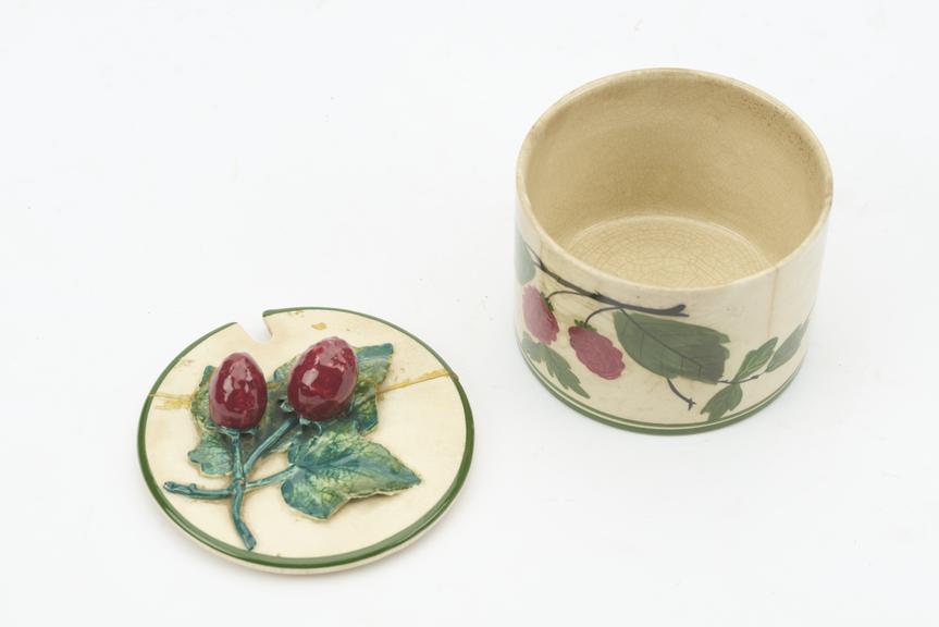 Earthenware Circular Dish with Lid and Slot for Spoon and Polychrome Raspberry and Leaf Motif
