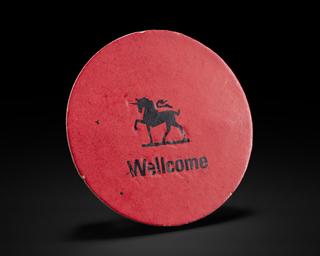 Red badge featuring 'Wellcome laboratory' insignia, owned by Dr. June Almeida (1930-2007)