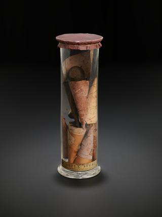 Jar of maple sugar in birchbark cones perhaps prepared by unidentified Indigenous peoples from today Canada