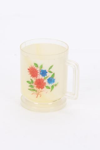 Drinking cup made from new clear plastic and opaque recycled plastic