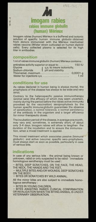 Paper instructions and information for human rabies immunoglobin vaccine