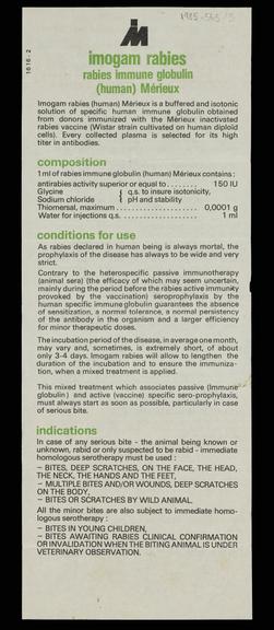 Paper instructions and information for human rabies immunoglobin vaccine
