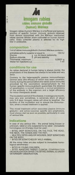 Paper instructions for human rabies immunoglobin vaccine
