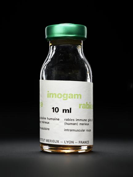 Glass bottle containing human rabies immunoglobin vaccine. Labelled 'imogam' 10ml