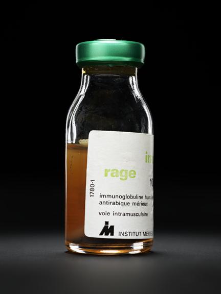 Glass bottle containing human rabies immunoglobin vaccine. Labelled 'imogam' 10ml