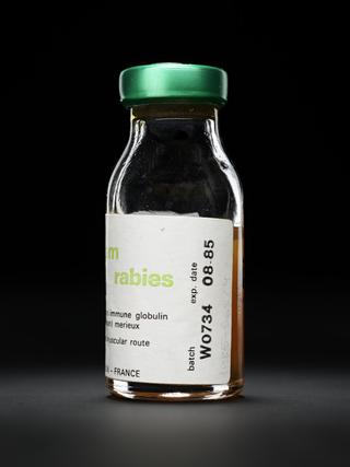 Glass bottle containing human rabies immunoglobin vaccine. Labelled 'imogam' 10ml
