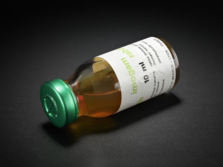 Glass bottle containing human rabies immunoglobin vaccine. Labelled 'imogam' 10ml