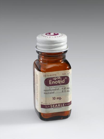 Bottle of 'Enovid' contraceptive pills, United Kingdom, 1960-1965