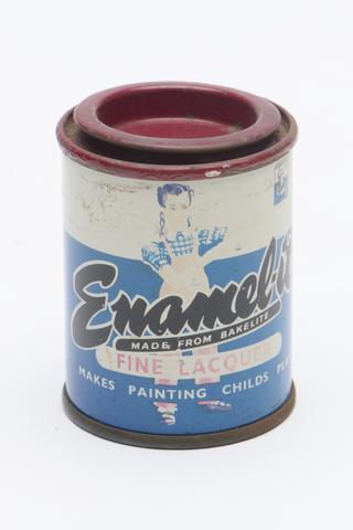 Tin of "Enamel-It" claret coloured fine lacquer, 1950s.