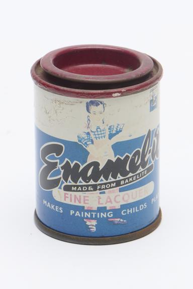 Tin of "Enamel-It" claret coloured fine lacquer, 1950s.