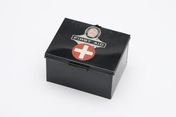 Household First Aid Kit in japanned black tin by Fassett & Johnson Ltd.