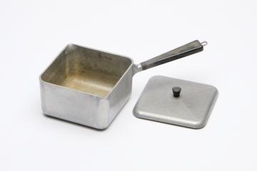 One of five-piece `Daleware' square saucepan set in aluminium alloy