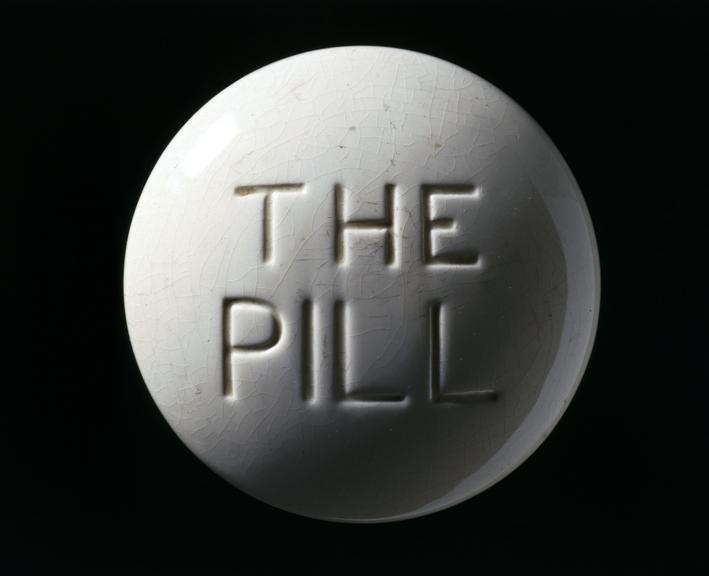 Ceramic model of contraceptive pill, as a paperweight, c.1970