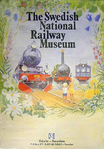 Publicity poster "The Swedish National Railway Museum" showing 1 electric and 2 steam locos around a turntable (poster)