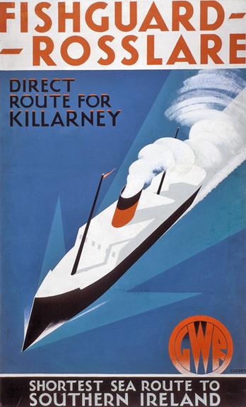 Artwork original for Fishguard -- Rosslare, Direct Route to Killarney by Leonard Cusden, 1932