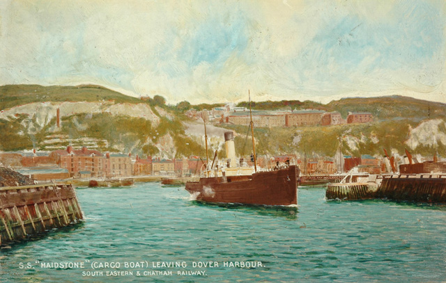 S.S. "Maidstone" (cargo boat) leaving Dover Harbour (painting; painted photograph)