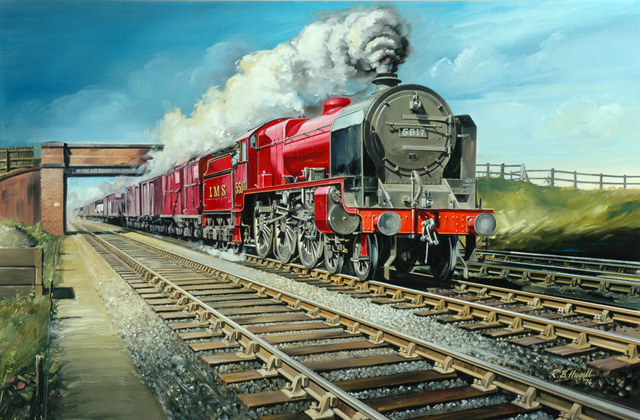 LMS 4-6-0 locomotive no.5517 hauling freight train (painting; oil painting)