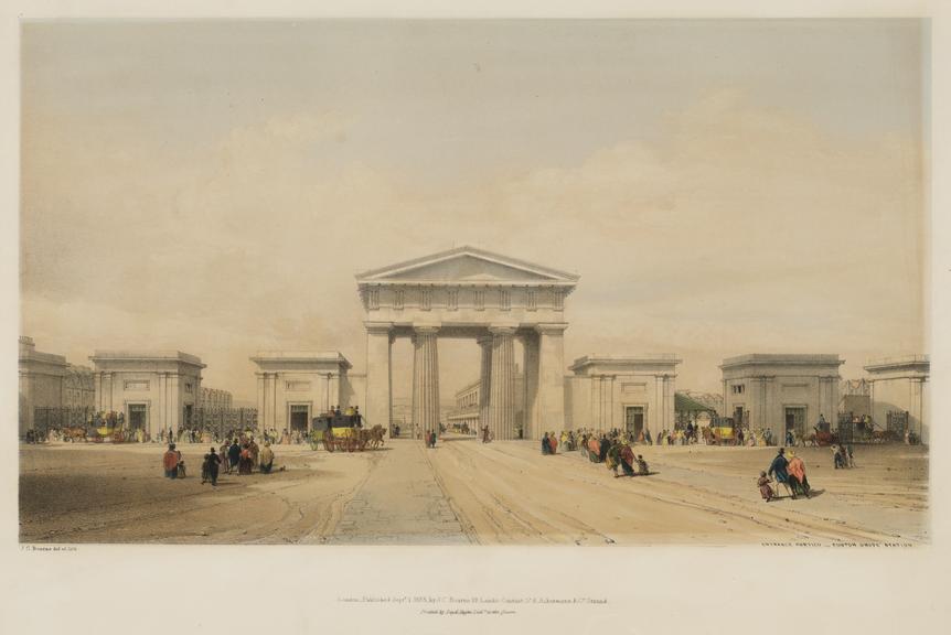 Coloured lithograph 'London and Birmingham Railway Entrance Portico Euston Grove Station', by J C Bourne, 1838