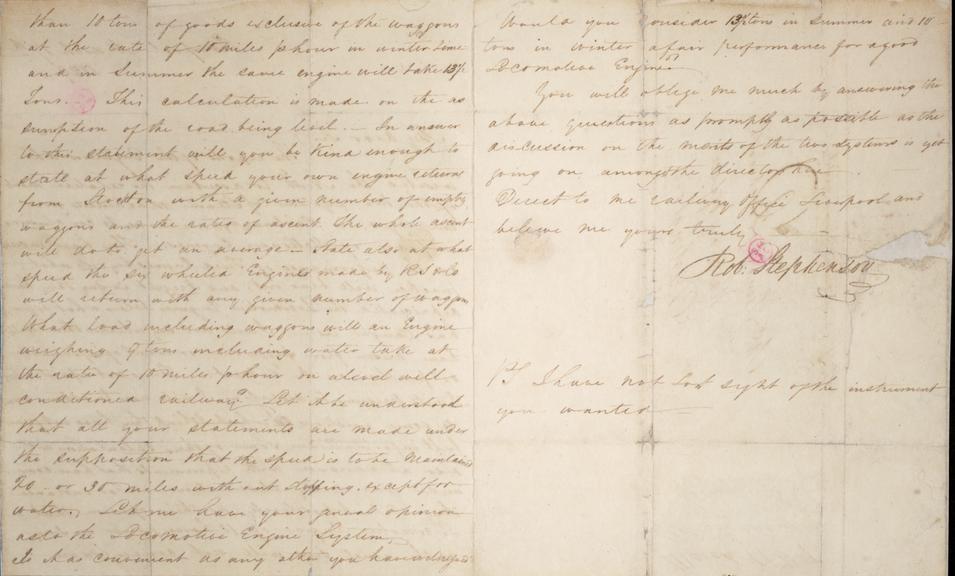 Letter, Robert Stephenson to Timothy Hackworth, 17 March 1829