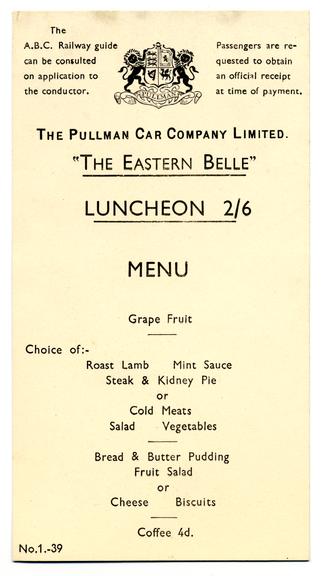 Pullman menu card for the "Eastern Belle"