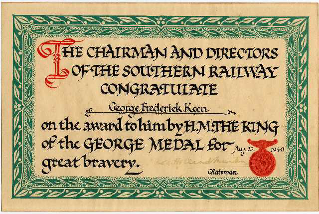 Papers accompanying George Medal awarded to George Frederick Keen